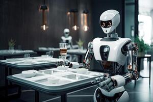 Modern robot with glass of wine in , Futuristic AI robot serving dishes in the restaurant, restaurant interior. 3d rendering photo