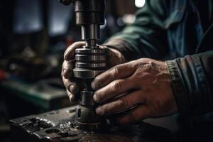 cerca arriba de un hombre trabajando con un molienda máquina. profesional industrial trabajadores manos cerca arriba vista, ai generado foto