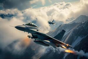 Fighter jet fighter flying in the sky over mountains. 3d rendering, Fighter jet shooting on another fighter jet, AI Generated photo