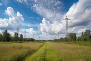 alto voltaje poder líneas en el campo en contra el azul cielo, moderno eléctrico utilidad líneas con un azul cielo, ai generado foto