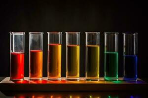 laboratorio cristalería con multicolor líquido en negro antecedentes. Ciencias laboratorio prueba tubos lleno con vistoso tubos, ai generado foto