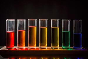 Laboratory glassware with multicolored liquid on black background. Science laboratory test tubes filled with colorful tubes, photo