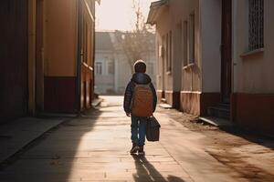 espalda ver de un chico con un mochila caminando en el calle. linda pequeño primario colegio estudiantes lleno posterior vista, ai generado foto