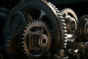 Industrial gears and cogwheels close up. 3D rendering, Realistic industrial engine gear and wheels, AI Generated photo