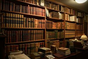 Old bookshelves in the library of the University of Cambridge, England, So many vintage law books on a huge bookshelf, AI Generated photo