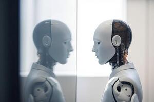 Two male and female robots in a shop window looking at each other, ai robot Office boss rear view, photo