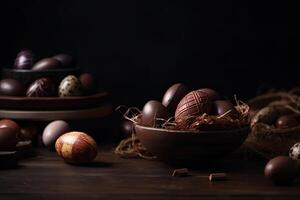 chocolate Pascua de Resurrección huevos en un cuenco en un oscuro de madera antecedentes. ai generado. foto