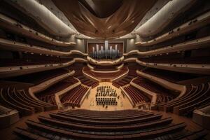 3d hacer de el interior de un concierto salón con un grande Organo, un lujoso y enorme vacío concierto sala, ai generado foto