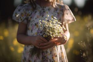 pequeño niña participación un ramo de flores de margaritas en el campo, sección en medio de un linda pequeño niña sin cara participación flores, ai generado foto
