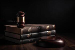 Wooden gavel and law books on wooden table. Law concept. Judge Gavel and Scales of Justice in the Courthouse, photo