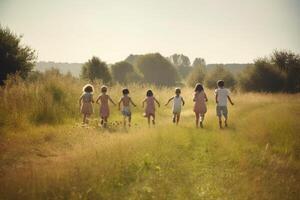 Group of happy kids running in the field on a sunny summer day, A group of happy children full rear view running a grass field, photo