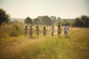 Group of happy kids running in the field on a sunny summer day, A group of happy children full rear view running a grass field, photo