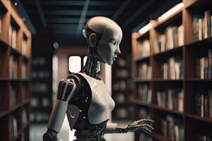 3d rendering humanoid robot in library with bookshelves on background, Futuristic AI robot reading books in a library, photo