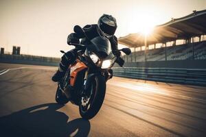 Motorcycle rider on the race track. Close-up of sport bike. Extreme athlete Sport Motorcycles Racing, AI Generated photo