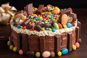 Easter cake with chocolate eggs and candies on dark wooden background, A colorful birthday cake decorated with sweet chocolates and candies, photo