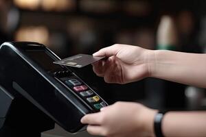 Closeup of woman's hands using credit card reader machine in cafe, A customer gives a credit card to complete a transaction at a service counter, photo