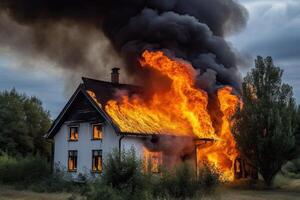 ardiente casa en el campo. fuego en el antiguo casa. un casa es en fuego, ai generado foto