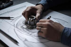 Engineer working on blueprint, closeup of hands. Engineering concept, Engineer skillfully designs intricate structures, photo