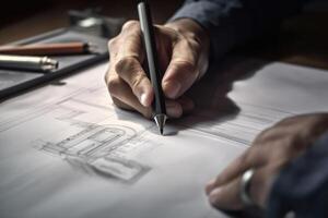 arquitecto trabajando en Plano en oficina, de cerca. construcción concepto, ingeniero hábilmente diseños intrincado estructuras, ai generado foto