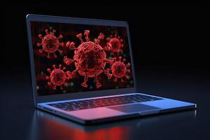 3d hacer de ordenador portátil con codicioso 19 virus en pantalla, un ordenador portátil pantalla muestra azul codificación y un rojo corona virus advertencia, ai generado foto