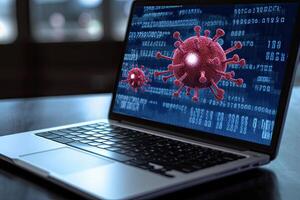 Covid 19 virus attack on laptop screen, 3d render, A laptop screen shows blue coding and a red corona virus warning, photo