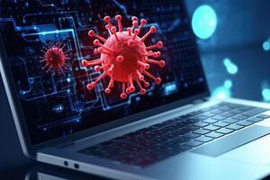 codicioso 19 virus ataque en ordenador portátil pantalla 3d prestar, un ordenador portátil pantalla muestra azul codificación y un rojo corona virus advertencia, ai generado foto