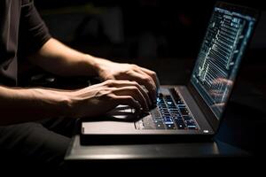 Man working on laptop computer in dark room. Close up of male hands typing on keyboard, A programmers rear view closeup doing programming , photo