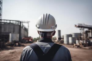 Rear view of engineer with safety helmet at construction site. Industrial background, An engineers rear view wearing a safety helmet in construction site, photo