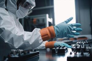 scientist in protective suit and gloves working with control panel in laboratory, An engineer wearing gloves working on project, photo