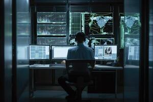 Rear view of man sitting in front of computer monitors in dark room, An IT specialist rear view working on a personal data security, photo