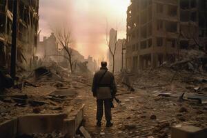 Ruins of a building in the city. War in Ukraine. A soldier standing amidst the ruins of a destroyed city after a nuclear explosion, photo