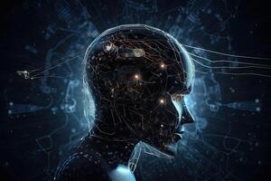 3D rendering of an artificial intelligence head with HUD interface on dark background, artificial intelligence taking over the world , photo