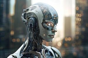 3D rendering of a female robot in a futuristic setting with city background, artificial intelligence taking over the world , photo