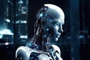 3d rendering humanoid robot with circuit board in the dark blue background, artificial intelligence taking over the world , photo