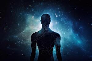 conceptual imagen con masculino silueta y brillante líneas en espacio fondo, astral cuerpo silueta con resumen espacio fondo, ai generado foto