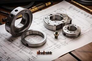 Engineering tools on the table with technical drawings, close up, Bearings milling cutters and a measuring scale on the table, photo