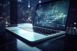 Laptop with abstract network on blurry city background. 3D Rendering, Big data technology background. Using a laptop against a futuristic backdrop, photo