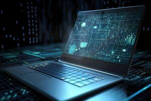 Laptop and binary code on a dark background. 3d rendering, Big data technology background. Using a laptop against a futuristic backdrop, photo