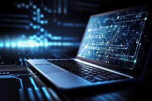 Close up of laptop against blue background with binary code. 3d rendering, Big data technology background. Using a laptop against a futuristic backdrop, photo