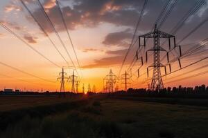 High voltage power lines at sunset. Electricity distribution station. Big electricity pylon view at sunset time, photo