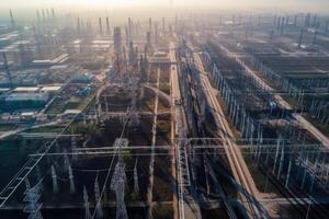 Aerial view of power plant and high voltage electric transmission lines. Big electricity production industry aerial view, photo