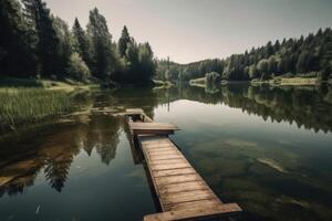 Wooden pier on a lake in the middle of the forest. Beautiful lake view on a shiny summer day, photo