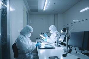 scientists in protective suits working with microscopes in modern laboratory. Biologists are working in a professional IVF laboratory, photo