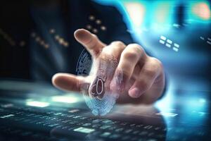 Businessman touching fingerprint on a touch screen with his finger 3d rendering, A blurred man holding his thumb on the screen and hologram, photo