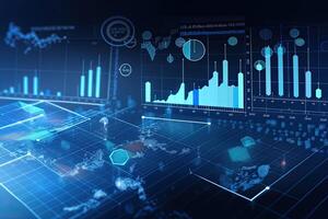 digital negocio imagen con gráficos y diagramas terminado azul antecedentes. 3d representación, negocio datos análisis y analítica de clientes, ai generado foto