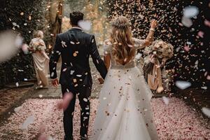 hermosa novia y novio celebrando su Boda día. novia con un ramo de flores de flores novia y novio participación mano unido en amor y compromiso, ai generado foto