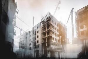 Double exposure of construction site with building and crane, abstract architectural background, Building construction engineering project, photo