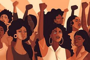 Group of african american women with raised hands. Black history month black people power illustration, photo