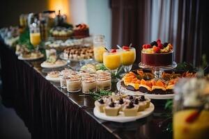 Catering buffet with different food snacks and desserts. Celebration concept, Catering banquet and food decoration in the restaurant, photo