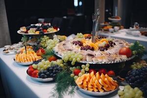abastecimiento Boda buffet con diferente tipos de frutas y vegetales. abastecimiento banquete y comida decoración en el restaurante, ai generado foto